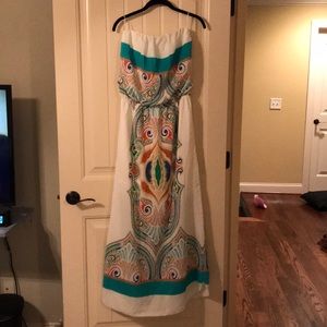 White, colorful design, strapless maxi dress